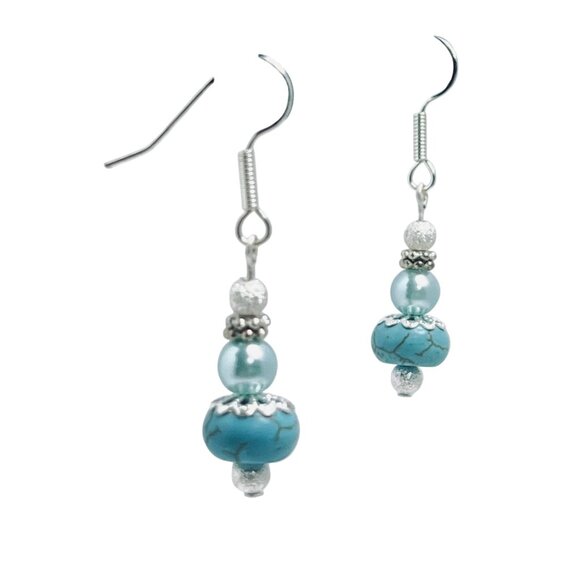Silver Plated, Faux Turquoise & Faux Pearl Pierced Dangle Earrings (5719-1-2) - Picture 4 of 5